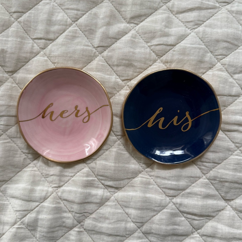 BHLDN Navy and Pink His & Hers Ring Dishes with Gold Accents, Engagement/Shower